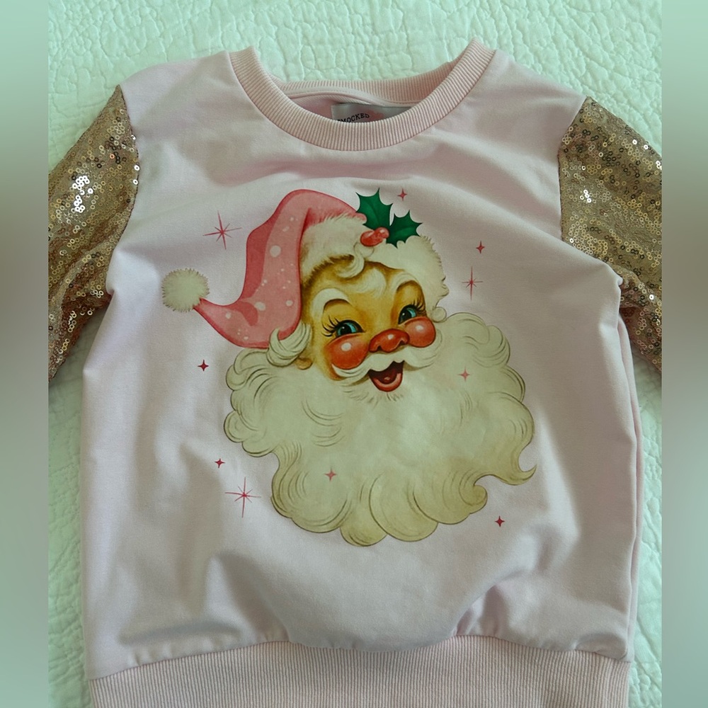 Pink Santa Kids Sweatshirt with Gold Sequin Sleeves